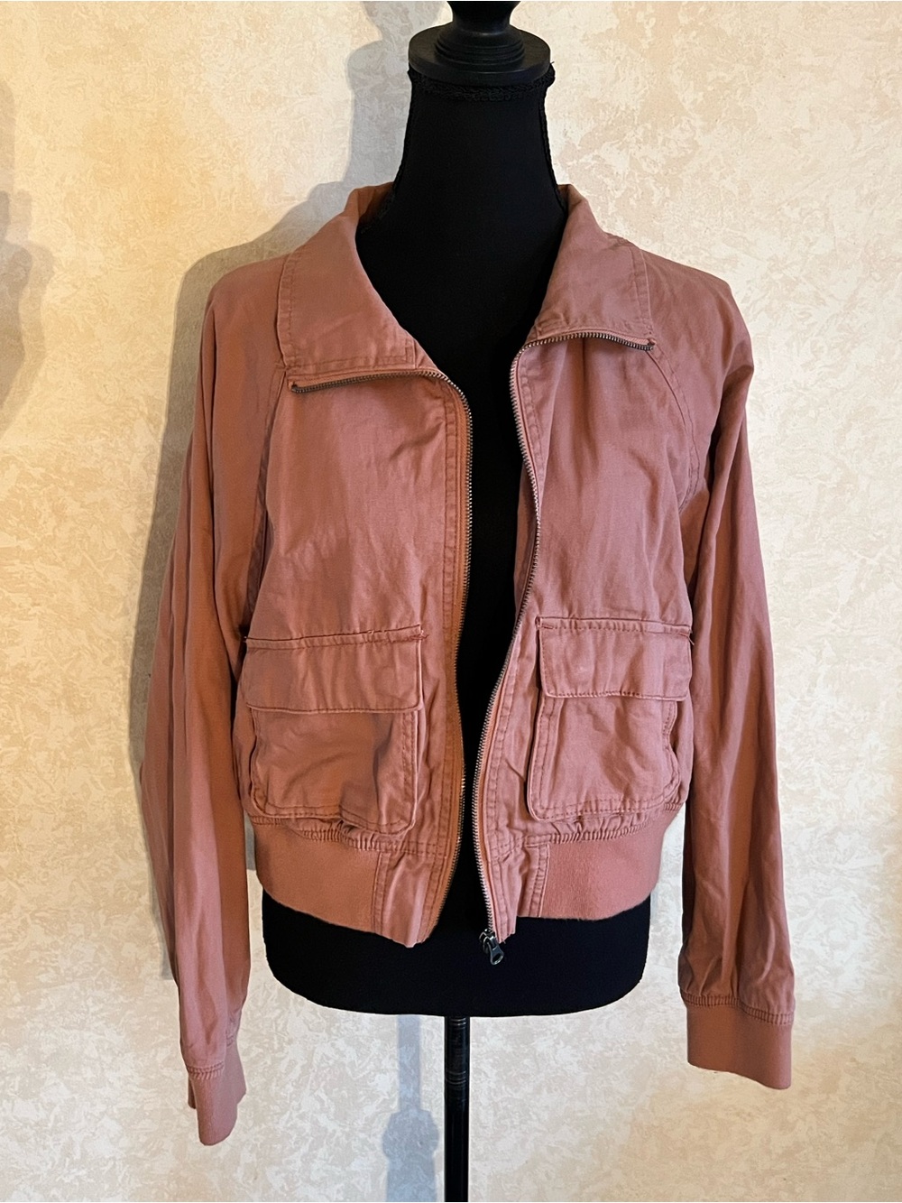 Dusty Rose Bomber Jacket - Casual Zip Front -cropped
